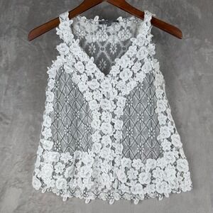 Blue Tassel Womens Small White Floral Lace Sheer Sleeveless V-Neck Tank Top